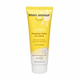 Mon Amour Protector Solar De Alta Protección SPF 50+ En Crema Para Cuerpo y Cara Con Activos Naturales de Manteca de Mango y Aloe Vera Para Pieles Delicadas De Bebés, Niños y Toda La Familia Desde Recién Nacidos 120 ML