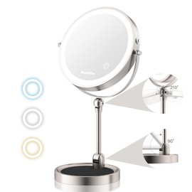 Beautifive 10" Makeup Mirror with Light, 12X/1X Magnifying Mirror with Light, Angle Adjustable & 3 Color Dimmable, 360°Rotatable Rechargeable Double Sided Desk Mirror with Light
