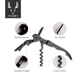 Viski Gunmetal Signature Double Hinged Waiters Corkscrew Wine Opener, Stainless Steel with Built-in Bottle Opener & Foil Cutter for Home Bar, Kitchen, Travel, Gifts for Wine Lovers, Set of 1, Black