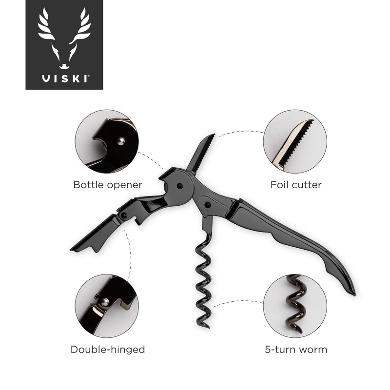 Viski Gunmetal Signature Double Hinged Waiters Corkscrew Wine Opener, Stainless
