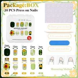 GREENTEA Handmade Decorative Press-On Nails Set, Spring and Summer Flower Fresh,Green and Yellow Avocado Design, Size-M