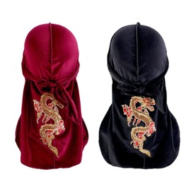 2 Pack Mens Velvet Durag Dragon Wave Cap Stretchable Long Tail Dorag Headwrap for 360 Waves (US, Alpha, One Size, Standard, Black & Red)