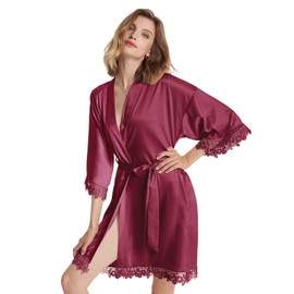 AW BRIDAL Burgundy Red Short Silk Robe for Women Bride Bridesmaids, Womens Kimono Satin Robes with Lace Trim, Light Silky Robe for Bridal Wedding Party Getting Ready Day, Size L