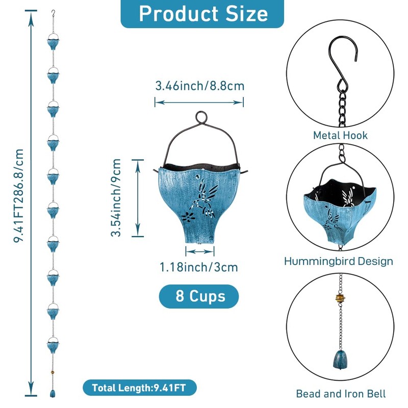 dreamysoul Rain Chains for Outside, 9.41FT with 8 Hollow Hummingbird