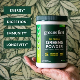 Greens First Original Greens Powder - 49 Superfoods - Organic Fruits & Veggies - Prebiotics, Probiotics & Digestive Enzymes - Antioxidant Smoothie - Dairy Free, Vegan, Non-GMO (Chocolate, 30 Servings)