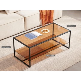 Shrine Brown Glass Coffee Table, Modern Design, Dual-Layer Coffee Table for Living Room, Black Metal Frame, Brown Glass Top