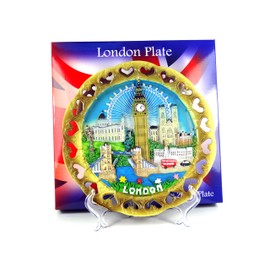 Wood Style Decorative Plate Detailing London Skyline: Big Ben, Tower Bridge and London Eye etc (Large Cutout)