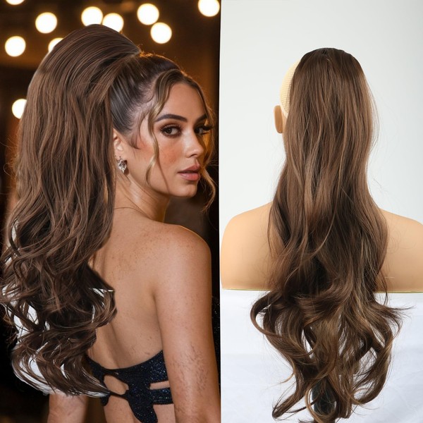 Highlight Brown Long Wavy Layered Drawstring Ponytail Extension for Black