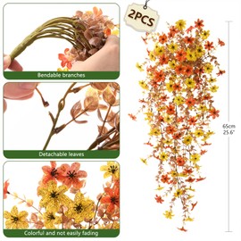 Fall Artificial Hanging Faux Mums Flowers for Outdoor Decoration,2 Pcs Fake Plant Autumn Decor Silk Daisy Realistic UV Resistant for Home Indoor Porch Patio Wall Balcony Yard(Orange Yellow)