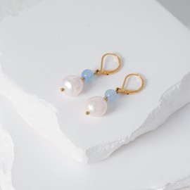 TaYolnFaSo Freshwater Pearl Earrings Aquamarine Lever Back Earring for Female Aquamarine Bead Hoop Drop Earring Natural Pearl Jewelry Gift for Wife Girlfriend Daughter Mother