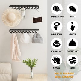 YEAVS Hat Rack for Wall Baseball Cap Set of 2, Metal Hat Hanger with Hooks, Wall Mount Cowboy Hat Storage Display Sock Scarf Organizer for Door Closet Entryway Bedroom