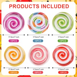 PEUTIER 60pcs Candy Themed Paper Plates, 7 Inch Colorful Dessert Plates Sweet Candy Tableware for Candyland Party Decorations Dinner Serving Plate for Birthday Kids Baby Shower Party Supplies