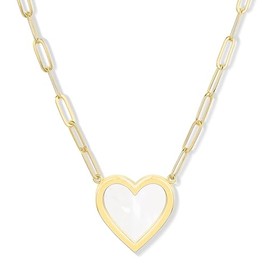 18K Gold Plated Heart Necklace for Women | Mother of Pearl Love Jewelry with Paperclip Chain (White Gold)