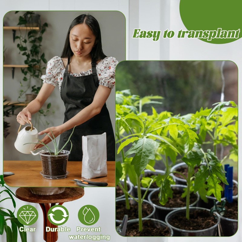 30Pcs Clear Plastic Nursery Pots with Drainage Holes and Saucers,