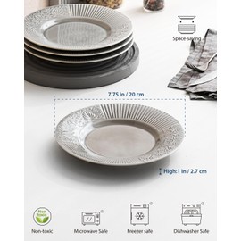 Bonquicken Appetizer Plates 8 Inch, Ceramic Small Dessert Plates for Appetizers, Sandwich, Snacks & Cakes, Embossment Serving Dishes Oven, Microwave, and Dishwasher Safe, Set of 4, Cool Gray