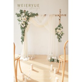 WEIERYUE Deluxe White Artificial Wedding Arch Flowers with Drapes Kit-Pack of 5, 2pcs Flower Arrangements 3pcs Hanging Sheer Drapes White Ceremony Arbor Reception Backdrop Rose Floral Decorations.