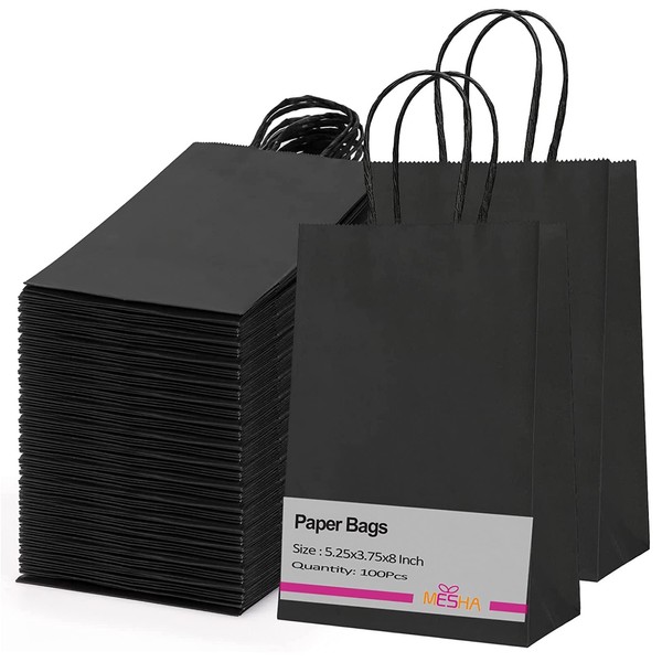 MESHA Paper Gift Bags 5.25x3.75x8 Black Small Paper Bags with Handles Bulk,100 Pcs Kraft Paper Bags for Small Business,Wedding Party Favor Bags