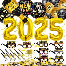 YBwanli New Year's Eve Decoration 2025, Happy New Year Decoration XXL 2025 (32 Inches) Foil Balloons, Confetti Made of Black Gold, Photo Props, New Year's Eve Decoration 2025 Party Set
