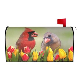 Abucaky Tulip Flowers Cardinal Birds Mailbox Cover Magnetic Waterproof Mailbox Wraps Post Letter Box Decor 21x18 in