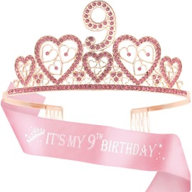 9th Birthday Sash and Tiara for Girls - Fabulous Glitter Sash + Hearts Rhinestone Pink Premium Metal Tiara for Girls, 9th Birthday Gifts for Princess Party