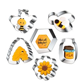 6PCS Bee Cookie Cutters, Bee, Beehive,Honey Jar, Flower, Honeycomb Stainless Steel Biscuit Cutters Molds, Honey Bee Themed Shapes for Party Decoration