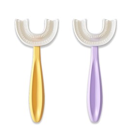 DR. SMITHSONS U Shaped Toothbrush Kids 6-12 Years Old- Two Premium Soft Toothbrushes Come with Travel Case & - Rounded Tooth Brushes Kids Size Head Makes Brushing Fun & Easy - 1 Purple, 1 Yellow