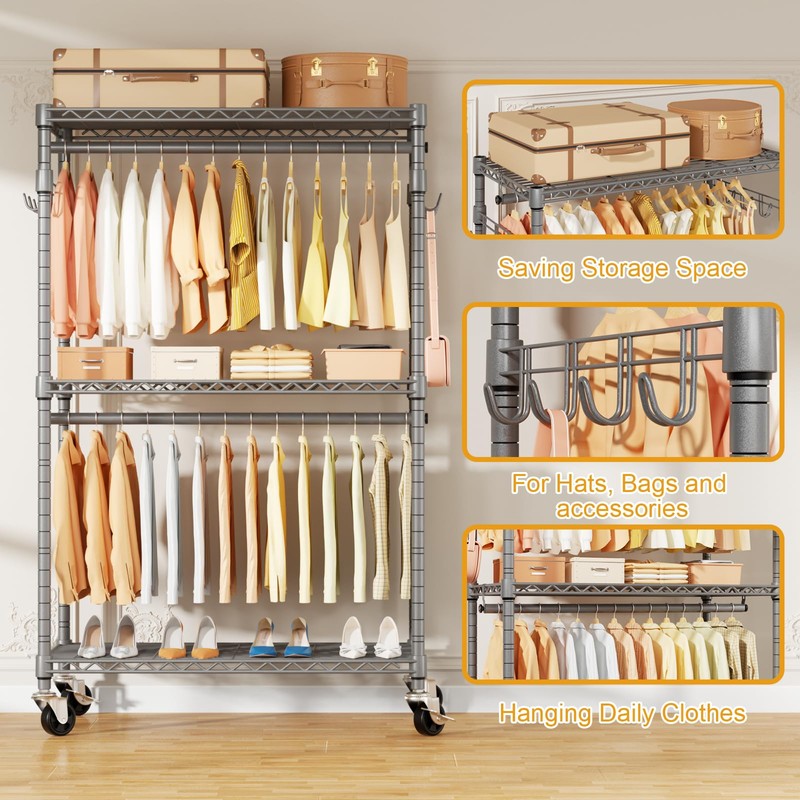 ULIFHOME P1 Rolling Clothing Rack with Lockable Wheels, Heavy-Duty Garment