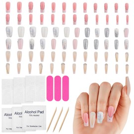 3Sets Silver Glitter Press on Nails Medium Square Pink White Artificial Acrylic Fake Nails with Rhinestones Design Full Cover Coffin Stick on Nails Glue on Nails for Women