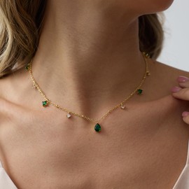 RLMOON Gold Necklace for Women 14K Gold Plated CZ Diamond Choker Necklace Red Emerald Green Blue Black Teardrop Necklace for Bridesmaid Prom Trendy Gold Jewelry Gift (Emerald Green)