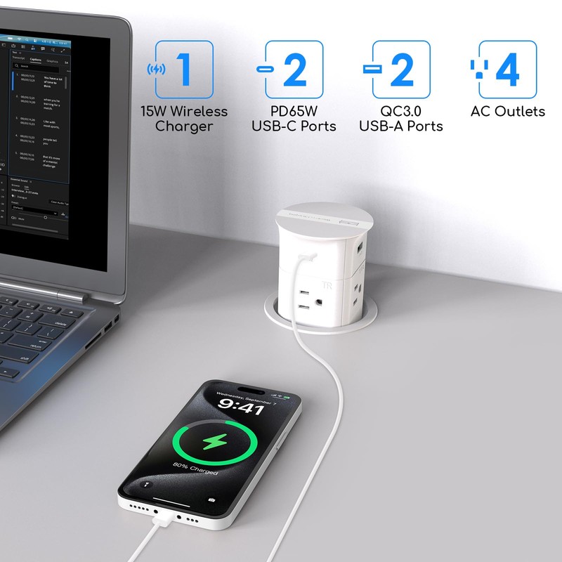 ANNQUAN 3.15" Pop Up Countertop Outlet Wireless Charger 65W USB