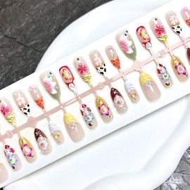 MouyouGlow 30 Pieces Press on Nails Kurz,Almond Leopard French 3D Bubble Blumen Floral Ozean Design Diamant Y2K Fake Nails mit Nagelkleber,Flowers Strass Sommer INS Künstliche Fingernägel