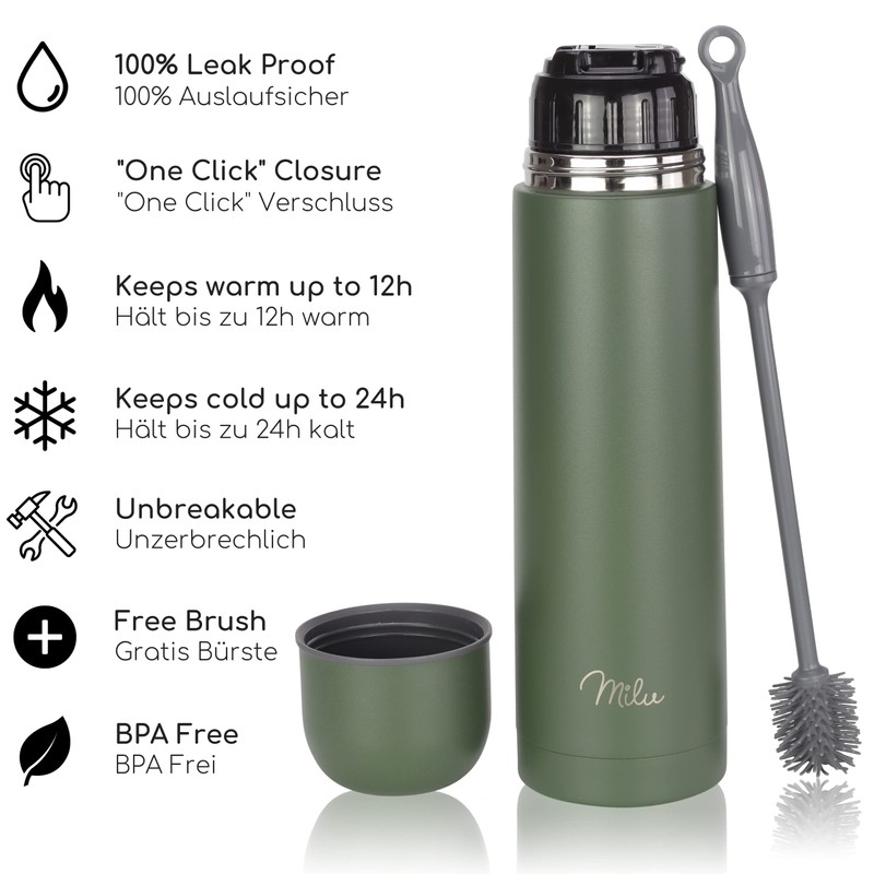 Milu Thermos Flask, Thermos Jug, 1 L, 750 ml, 500