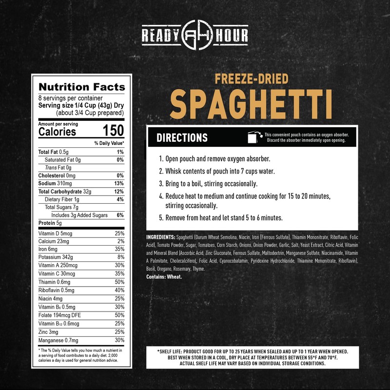Ready Hour Spaghetti Case Pack (32 Servings), Freeze-Dried Spaghetti Pasta,