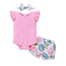PATPAT Baby Clothing Girls Cotton Newborn Romper Clothing Short Sleeves Sleeveless + Bow Shorts + Headband Clothing Sets for Girls, 3 Pieces, Summer 0-18 Months Gift, pink, 6-9 months