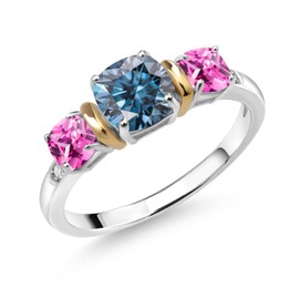 Gem Stone King 925 Silver and 10K Yellow Gold 3-Stone Diamond Ring Cushion Persian Blue Moissanite and Created Sapphire Pink (1.71 Cttw) (Size 5)