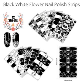 JERCLITY 168 Pieces 12 Sheets Black White Nail Wraps for Short Nails Nail Polish Strips With Nail File Flowers Leaves Geometric Pattern Gel Nail Strips Nail Stickers Full Nail Wraps for Women Nail Art