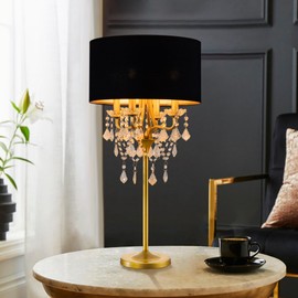 Wellmet Drum Shade Black Crystal Table Lamp, 4 Light Black Gold Shade Table Lamp, Candle Base Table Light, for Living Room, Bedroom, Reading Room, Hallway, Corridor