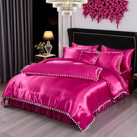 Bedorm Silky Satin Comforter Set King Hot Pink Bedding 10 Pcs Bed Set White Pom Pom Luxury Silky Bed Comforter with Satin Body Pillow Cover, Bed Skirt, Satin Sheet Set
