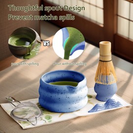 cjc 7-Pcs Matcha Set, Japanese Matcha Whisk Set, Matcha Kit Set Includes Ceramic Matcha Bowl with Pourin Spout, Bamboo Whisk,Holder, Sifter ect.– Enjoy Matcha Time/As a Gift