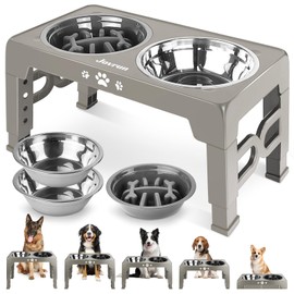 Jovrun Elevated Dog Bowls, Dog Feeder with Stainless Steel Dishes & Slow Feeder Bowl, 5 Heights Adjustable Raised Stand for Medium Large, Food Dishes with Non-Slip Feet
