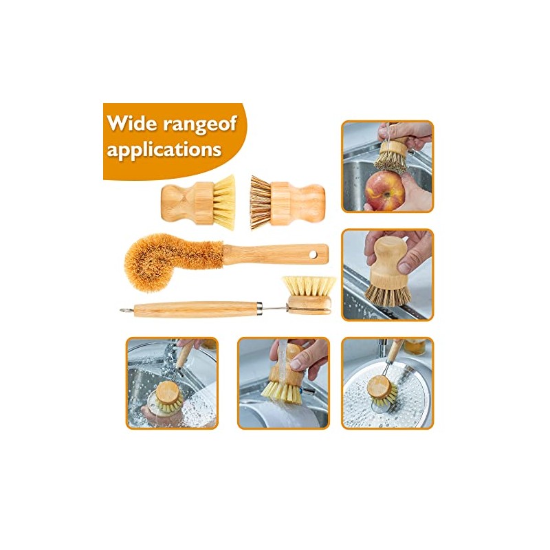 SAMEBUTECO Bamboo Dish Brushes Sets 4 Tools in One Kitchen