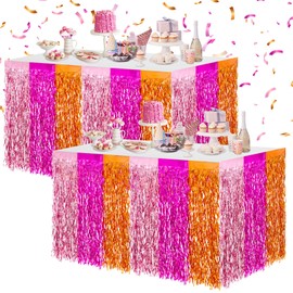 JarThenaAMCS Metallic Tinsel Foil Fringe Table Skirts Light Pink Hot Pink Orange Wavy Disposable Table Skirt 2Pcs Sparkly Party Decor for Parade Floats Wedding Birthday Bride Shower, 29 x 108 Inch