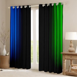 Geometric Abstract Ombre Window Curtains for Bedroom Living Room Kids Boys Teens Blue Green And Black Striped Curtains Decor Modern Fashion Window Drapes Treatments W46*L54