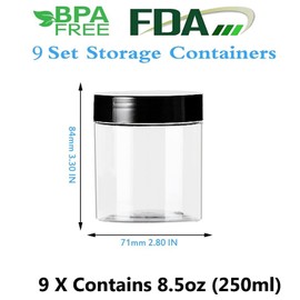 Aoligei Plastic Storage Jars, Set of 9, BPA-Free Containers with Lid, Airtight Containers, Slime Containers, Spices Set, Mepal Storage Jars Set for Kitchen, Tea, Spice Jars (250 ml, Black)