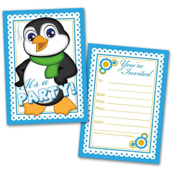 Party Invitation Cards | 20 Cards with 20 Envelopes | Boy Penguin Themed | Made for Kids | Flat Style | Colorful Design | Birthday Invitations | Party Invitations | Invitation Card | Birthday Party Invitations