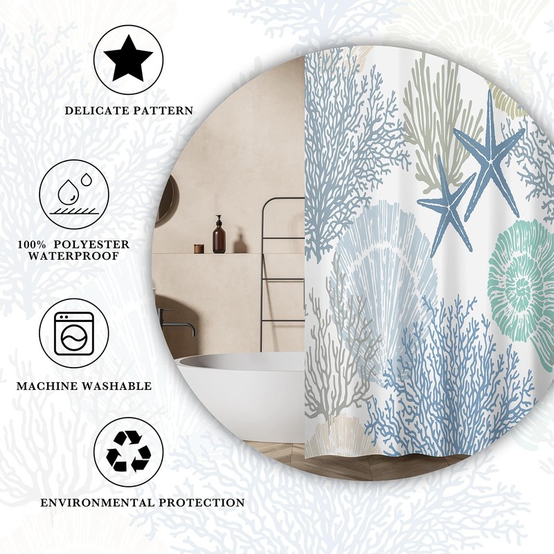 Tritard Extra Long Nautical Coastal Shower Curtain Starfish Seashell Coral