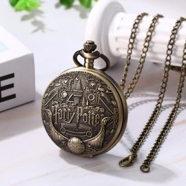JewelryWe Vintage Castle Pocket Watch: Men Women Quartz Antique Bronze Hollow The Marauder's Map Carved Fob Hunter Case Watch with 30 in Chain