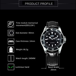 MASTOPMen's Automatic Mechanical Watches Leather Strap Calendar Waterproof Men Luxury Wristwatches (Black)