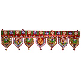 Purpledip Cotton Bandhanwar (Bandharwal Toran) 'Festive Red': Door Hanging Window Valance Tapestry; Ethnic Indian Decor (12446A)