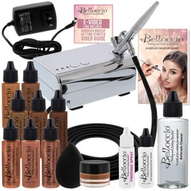 Belloccio Professional Beauty Deluxe Airbrush Cosmetic Makeup System with 5 Dark Shades of Foundation in 1/2 oz Bottles - Kit includes Blush, Bronzer and Highlighters
